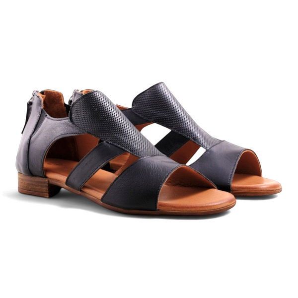 Step Ahead Pesso Paula black leather sandals with back zip, elastic vamps, and comfortable padded footbed.