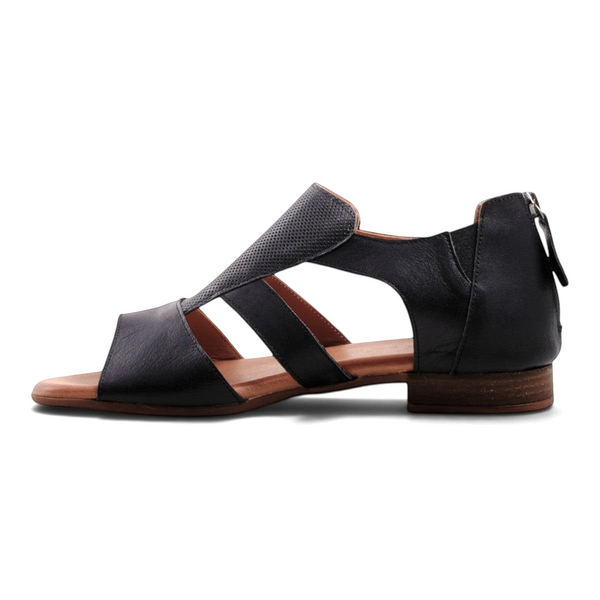 Step Ahead Pesso Paula black leather sandal with back zip, elastic vamps, and comfortable padded footbed.