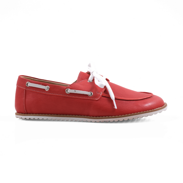 Step Ahead Pesso Dock red leather barefoot boat shoe with white laces and flexible rubber sole