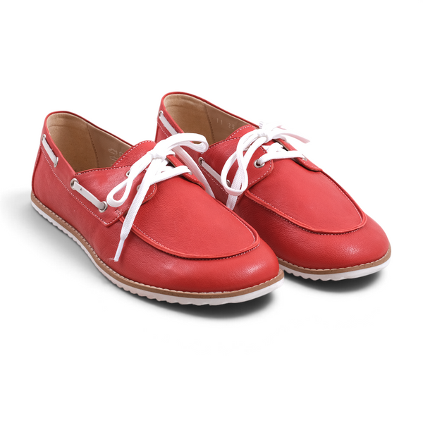 Step Ahead Pesso Dock red leather barefoot boat shoes with white laces and flexible rubber soles