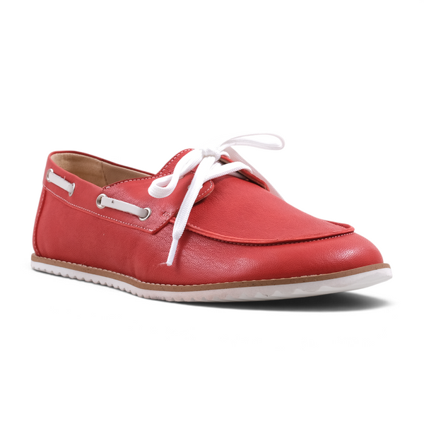 Step Ahead Pesso Dock red leather barefoot boat shoe with white laces and flexible rubber sole
