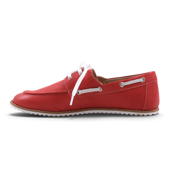 Step Ahead Pesso Dock red leather barefoot boat shoe with white laces and flexible rubber sole, side view.