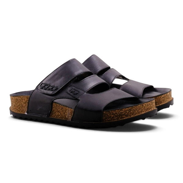 Step Ahead Pesso Blake black leather sandals with double straps and a contoured cork footbed