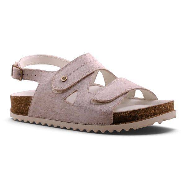 Step Ahead Pesso Brianna beige linen sandals with adjustable straps, leather footbed, and cork-style sole.