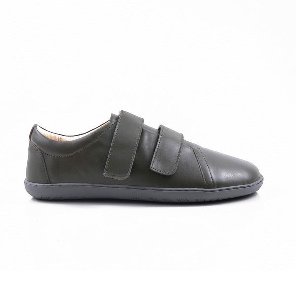 Step Ahead Pesso Dublin khaki leather barefoot shoe with dual velcro straps and a flexible rubber sole