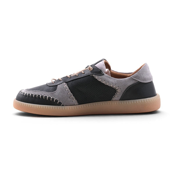 Step Ahead Pesso Penelope grey multi leather and suede sneaker with intricate stitching and caramel rubber sole
