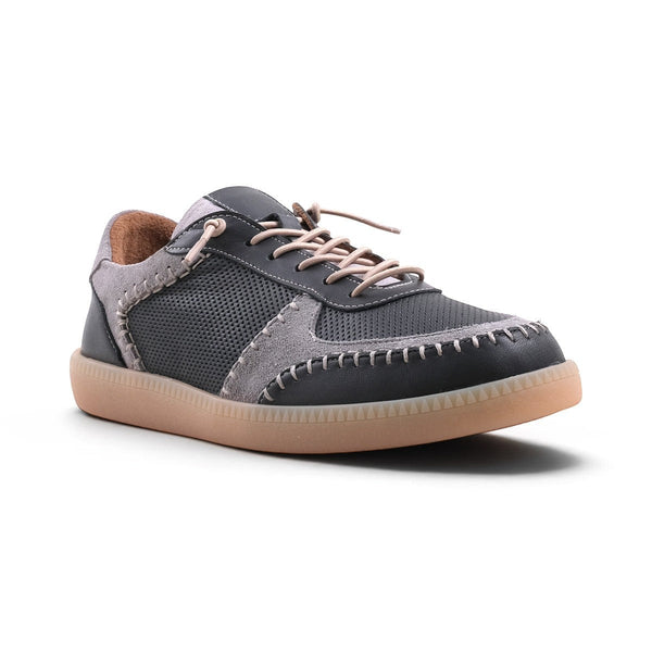 Step Ahead Pesso Penelope grey multi leather and suede sneaker with intricate stitching and caramel rubber sole