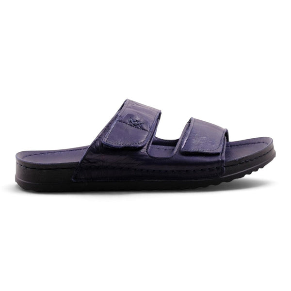 Step Ahead Pesso Sleigh men's navy leather slide sandals with adjustable double straps and a comfortable footbed.