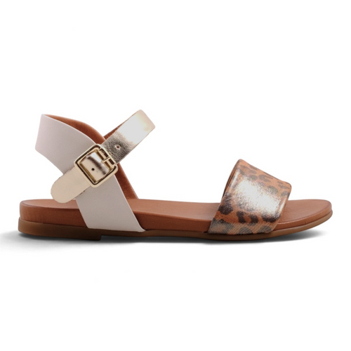 Step Ahead Pesso Torrent flat sandal in cream and metallic leopard print with an adjustable ankle strap