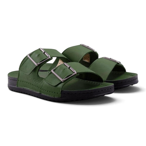 Step Ahead Pesso olive green leather men's slide sandals with double adjustable silver buckles and black soles.