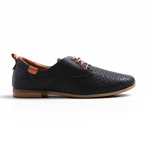 Step Ahead Pesso Aggie black leather brogue loafer with laser-cut floral pattern and tan laces on a flexible sole