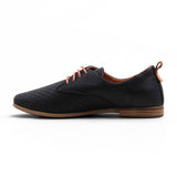 Step Ahead Pesso Aggie black leather brogue loafer with perforated detailing, tan laces, and a flexible rubber sole.