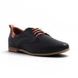Step Ahead Pesso Aggie black leather brogue loafer with tan laces and a textured patterned front panel