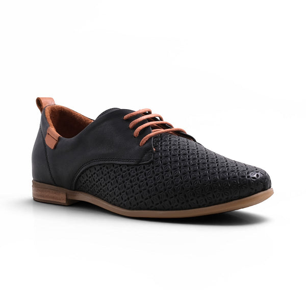 Step Ahead Pesso Aggie black leather brogue loafer with tan laces and a textured patterned front panel