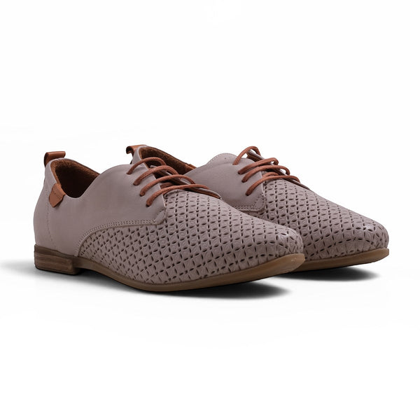 Step Ahead Pesso Aggie grey leather brogue loafers with laser-cut detailing, brown laces, and a flexible rubber sole.