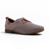 Step Ahead Pesso Aggie grey leather brogue loafer with laser-cut detailing, brown laces, and a flexible rubber sole.