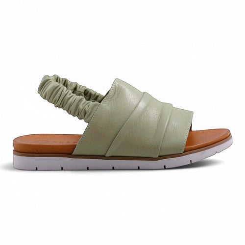 Step Ahead Pesso Beni sage green leather sandal with ruched upper and elasticated backstrap on a comfortable sole