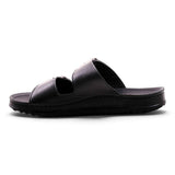 Step Ahead Pesso men's all black leather slide sandals with a double strap design and contoured footbed