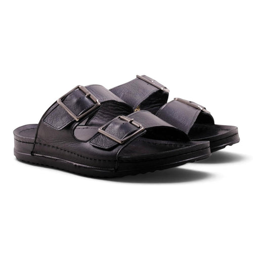 Step Ahead Pesso men's all-black leather slide sandals with dual adjustable buckle straps and a contoured footbed.