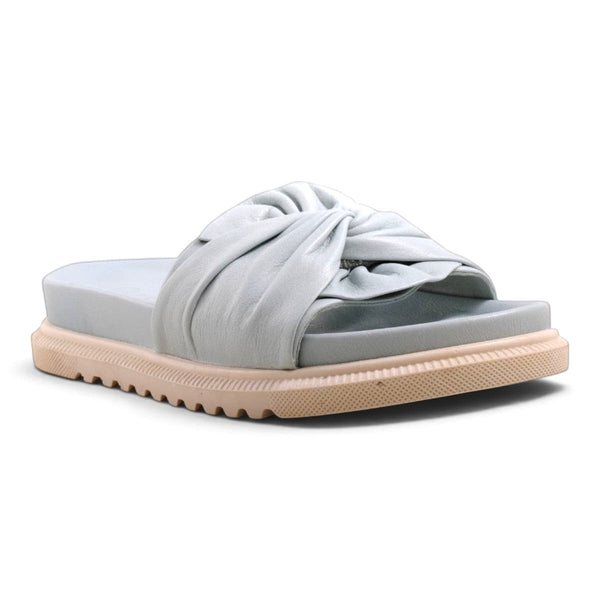 Step Ahead Pesso Borgan Aqua slide sandals in light blue leather with a knotted strap and beige lugged sole