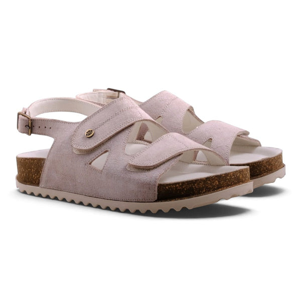 Step Ahead Pesso Brianna beige linen sandals with adjustable straps, leather lining, and padded footbeds.