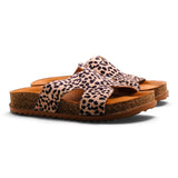 Step Ahead Pesso Brooke cheetah print leather slide sandals with padded footbeds and cork-style midsoles