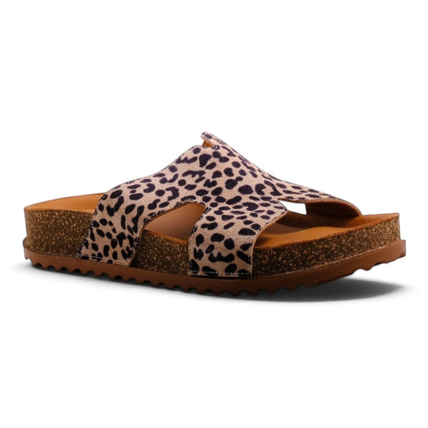 Step Ahead Pesso Brooke cheetah print leather slide sandals with comfortable cork footbed and adjustable straps.