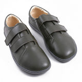 Step Ahead Pesso Dublin khaki leather barefoot shoes with wide toe box and dual velcro straps on a white background