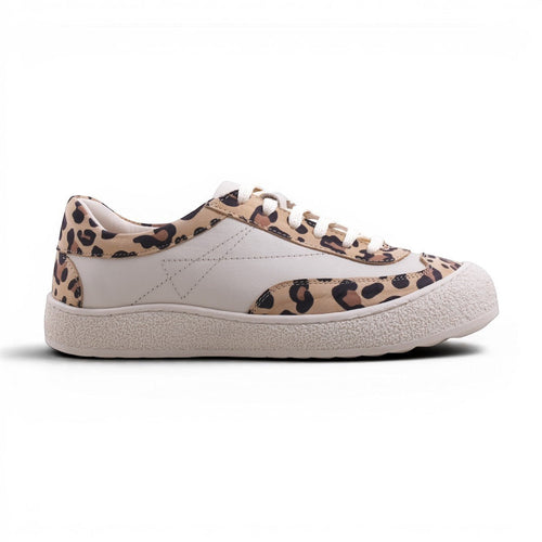 Step Ahead Pesso Botide round-toe sneaker in cream leather with leopard print accents and a thick cushioned sole.