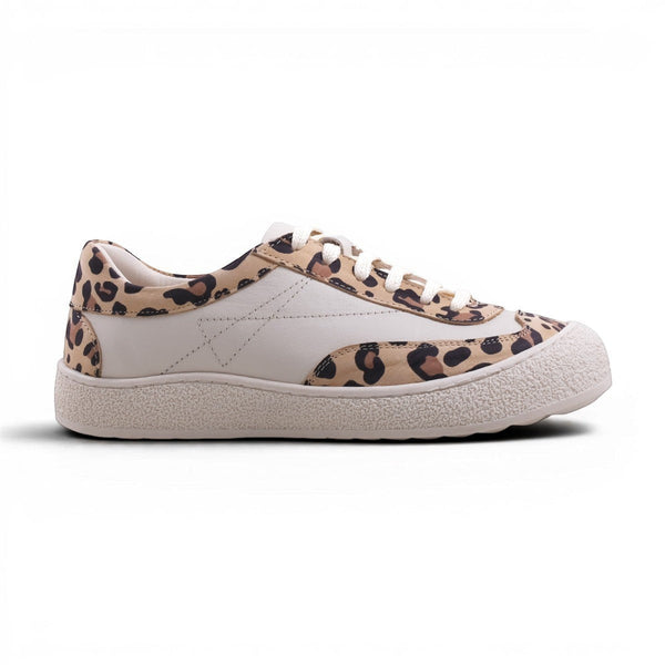 Step Ahead Pesso Botide round-toe sneaker in cream leather with leopard print accents and a thick cushioned sole.