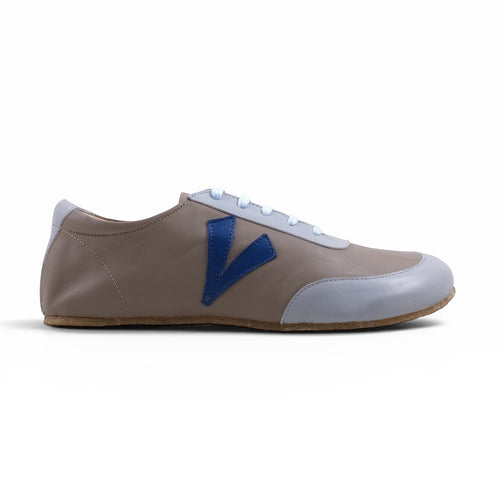 Step Ahead Pesso Mathias barefoot leather sneaker in taupe and blue with a flexible rubber sole and wide toe box.