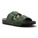 Step Ahead Pesso olive green leather men's slide sandals with double adjustable silver buckles and black sole