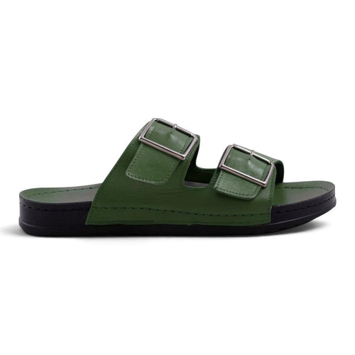 Step Ahead Pesso olive green men's slide sandals with two adjustable silver buckles and a black contoured sole