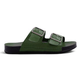 Step Ahead Pesso olive green men's slide sandals with two adjustable silver buckles and a black contoured sole