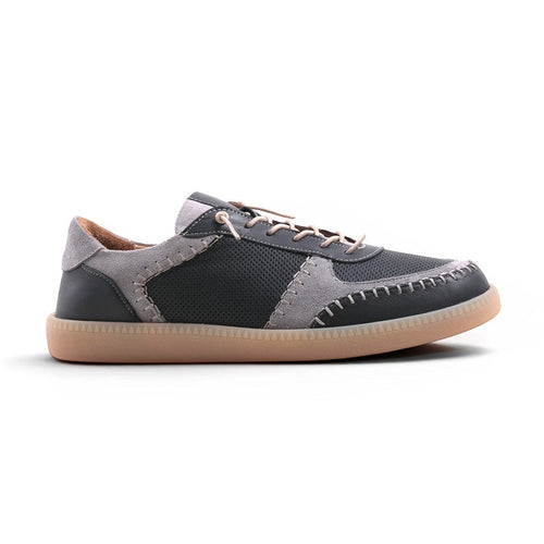 Step Ahead Pesso Penelope grey multi leather and suede sneaker with intricate stitching and caramel rubber sole