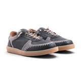 Step Ahead Pesso Penelope grey multi leather and suede sneakers with intricate stitching and caramel rubber soles.
