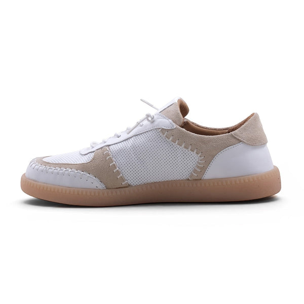 Step Ahead Pesso Penelope white leather and suede sneaker with perforated detailing and a caramel coloured sole.