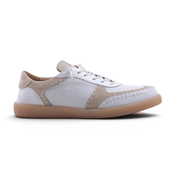 Step Ahead Pesso Penelope white leather and suede sneaker with intricate stitching and a caramel coloured sole.