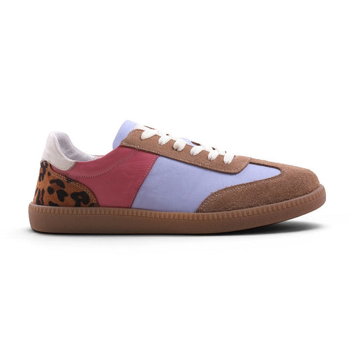 Step Ahead Pesso Petra multi-coloured leather sneaker with suede, animal print detail, and flexible brown sole.