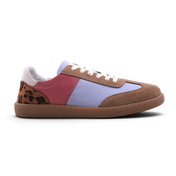 Step Ahead Pesso Petra multi-coloured leather sneaker with suede, animal print detail, and flexible brown sole.
