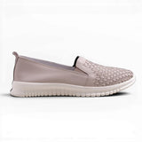 Step Ahead Pesso Skate nude leather loafers with a woven front panel and flexible white sole.