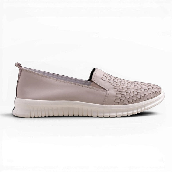 Step Ahead Pesso Skate nude leather loafers with a woven front panel and flexible white sole.