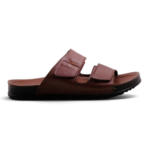 Step Ahead Pesso Sleigh men's brown leather sandals with dual adjustable velcro straps and a comfortable footbed
