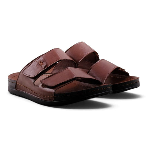 Step Ahead Pesso Sleigh men's brown leather sandals with adjustable double straps and a comfortable molded footbed.