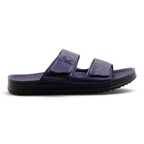 Step Ahead Pesso Sleigh men's navy leather slide sandals with adjustable double straps and a comfortable footbed.