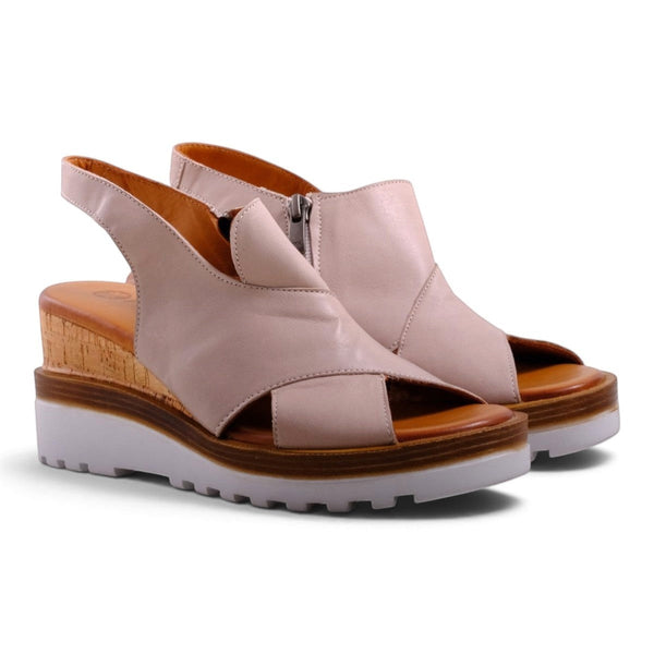 Step Ahead Pesso Well silver grey leather wedge sandals with a cork midsole and side zipper closure